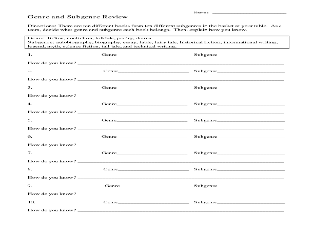 Genre and subgenre worksheet 3 answer key