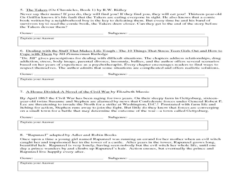 Genre and subgenre worksheet 3 answer key